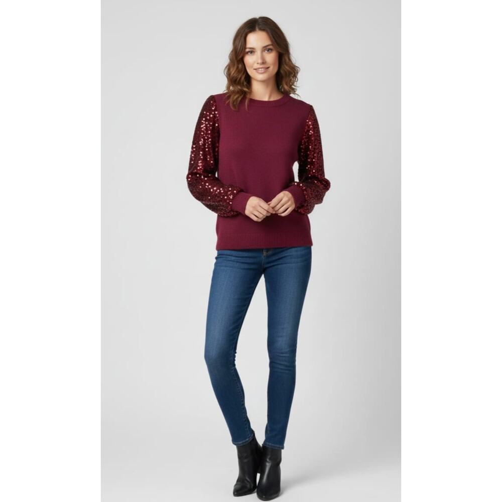 Sioni Milano Sequin Sleeve Sweater Womens Medium Bordeaux Knit Crewneck Pullover